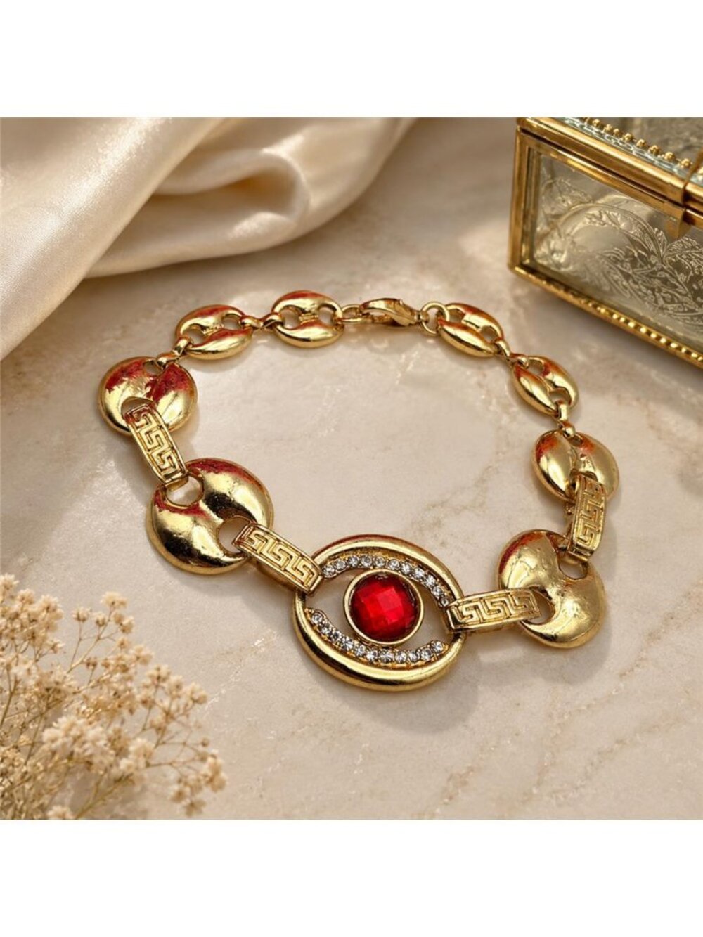 Avon Gold Tone Red Crystal Greek Key Mariner Link Bracelet 8 In Vintage MN